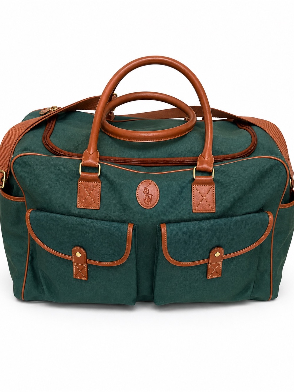 Vintage Polo Ralph Lauren Green Canvas Leather Trim 2-Piece Duffle Weekender Tra - Picture 2 of 9